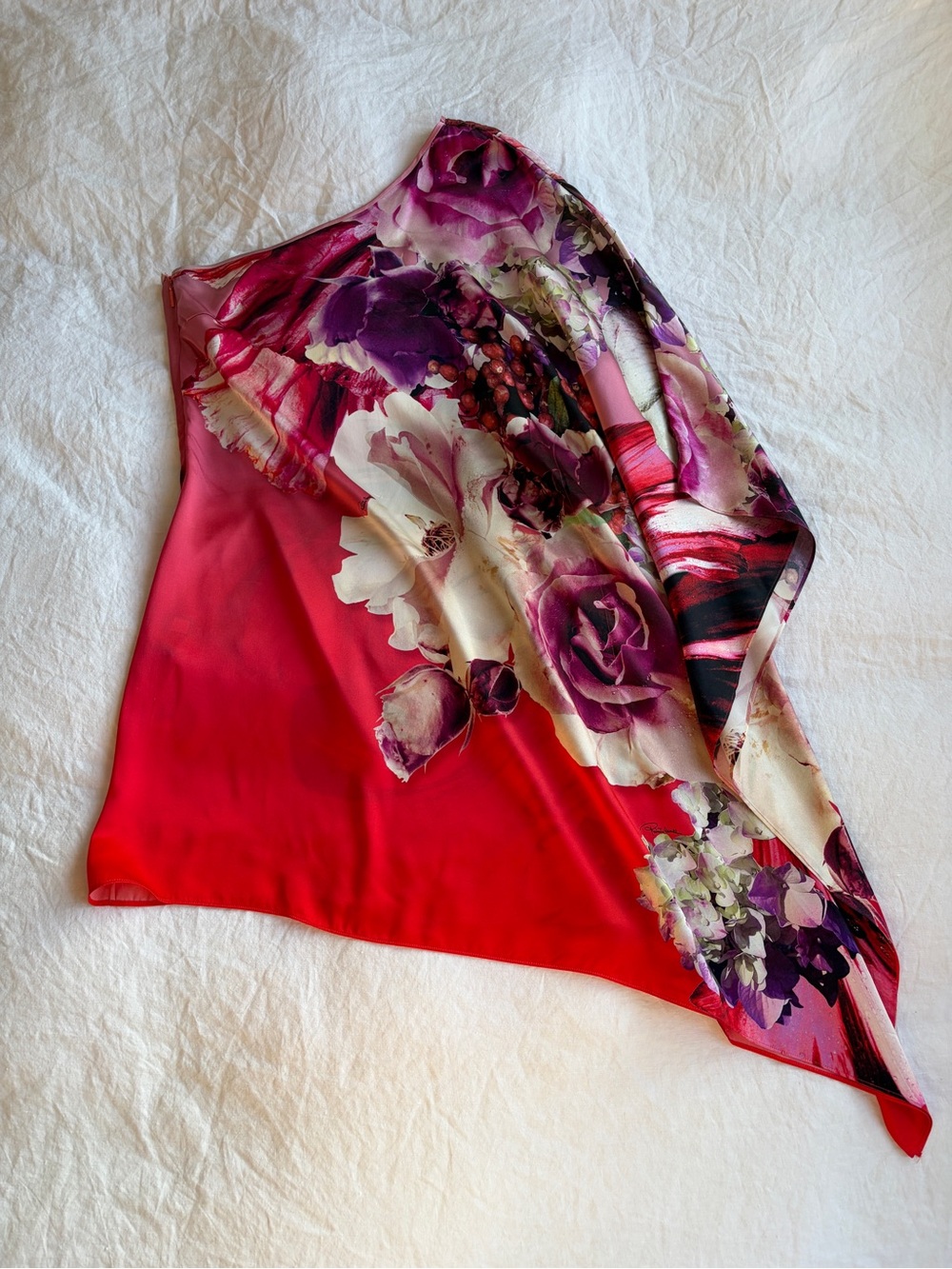 Vintage Roberto Cavalli Silk Rose Floral Dew One Shoulder Draped Mini Dress Red